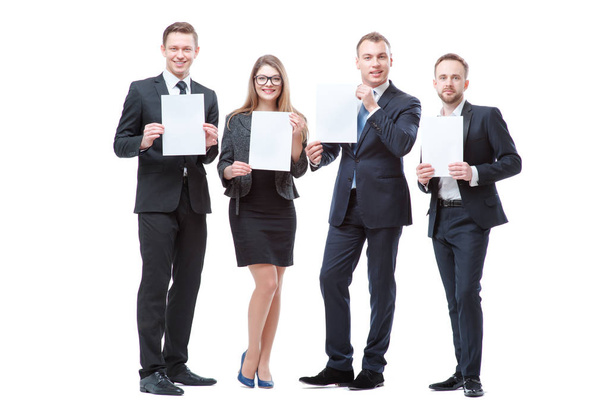Group of handsome young business people holding blanks with copy spaceswhite. - Photo, Image