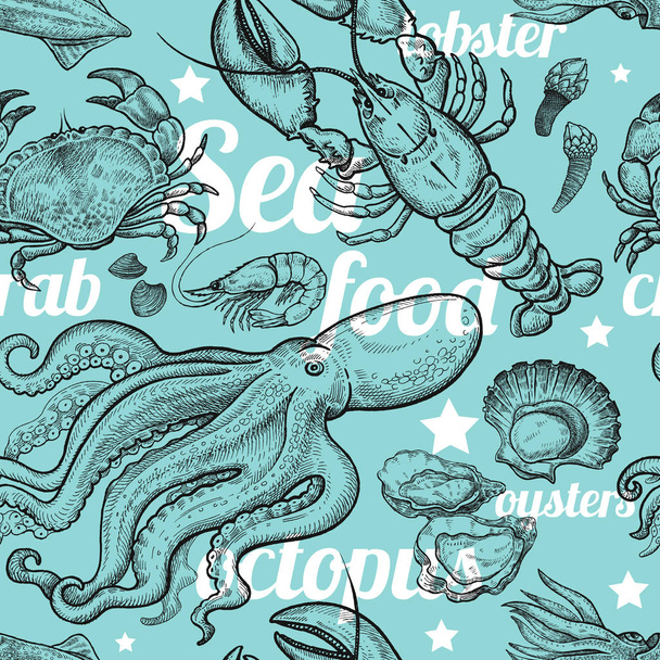 Marine animals shellfish and inscriptions. Seamless pattern hand drawings. Vector illustration with seafood for paper, fabric, kitchen design. Vintage engraving art. Black, white and blue. - Vecteur, image