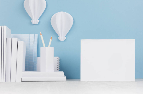Creative mock up back to school - white stationery, blank letterhead and hot air balloons origami on soft blue backdrop. - Photo, Image