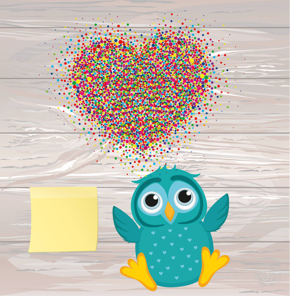 A happy owl throws a multicolored confetti in the shape of a heart. Greeting card for Valentine's Day.  Empty Yellow sheet of paper for notes. Sticker. Vector on wooden background. Love. - Vector, Image