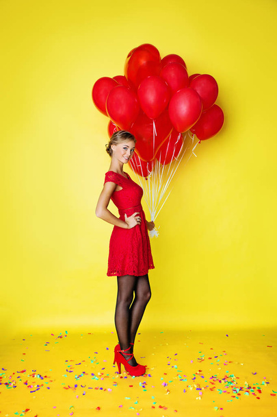 Happy Woman with Balloons and Confetti, Holiday Background - Fotografie, Obrázek