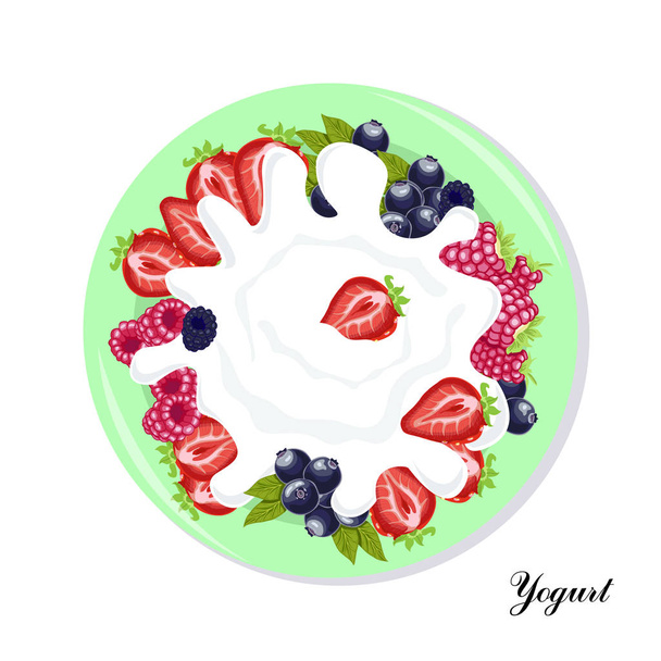Plate with yogurt and strawberries, raspberries, blueberries and blackberries. Vector illustration for your design - Вектор,изображение