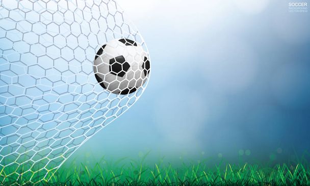 Pallone da calcio calcio in porta calcio e rete con sfondo bokeh sfocato luce e area campo di erba verde. Illustrazione vettoriale
. - Vettoriali, immagini