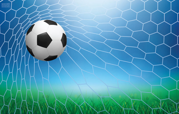 Football ballon de football dans le but de football avec pelouse verte et bokeh flou clair pour le fond. Illustration vectorielle
. - Vecteur, image