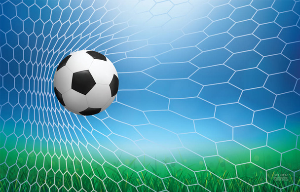 Fútbol balón de fútbol en el gol de fútbol con zona de césped verde y luz borrosa bokeh para el fondo. Ilustración vectorial
. - Vector, imagen