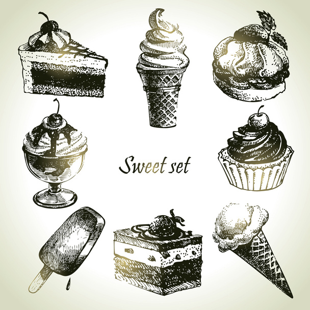Süßes Set. Handgezeichnete Illustrationen von Kuchen und Eis - Vektor, Bild