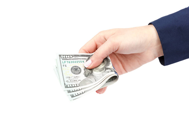 Beautiful female hands with money dollars usa isolated on white background. - 写真・画像