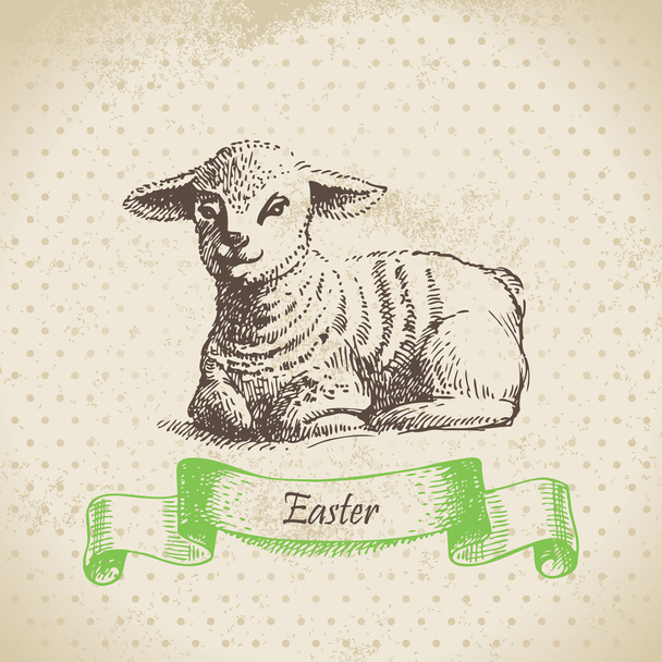 子羊とヴィンテージイースターの背景。手描きイラスト - ベクター画像