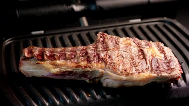 Juicy piece of beef steak on a grill seasoned with spices - Footage, Video