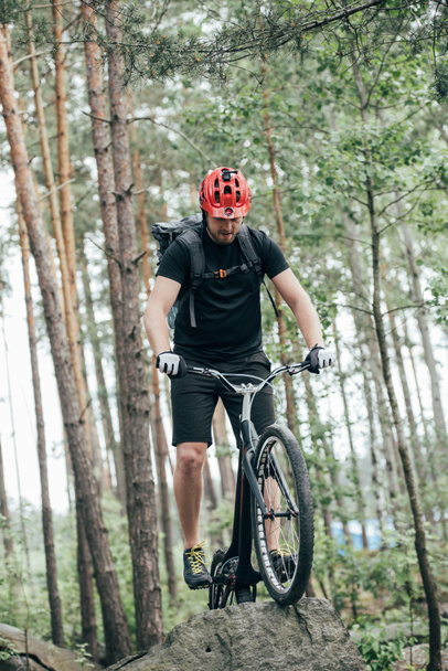εμπρόσθια όψη αρσενικό ακραία ποδηλάτη στο προστατευτικό κράνος κάνει stunt ποδήλατο βουνού στο δάσος - Φωτογραφία, εικόνα