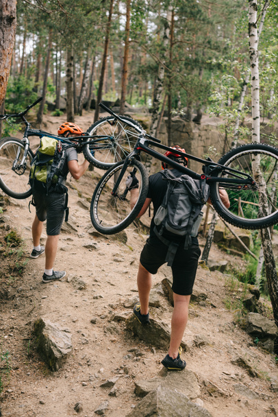 vista trasera de los ciclistas de trial que llevan bicicletas en la espalda en el bosque y van cuesta arriba
 - Foto, imagen