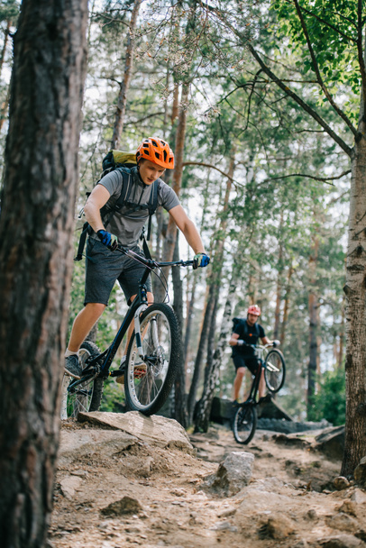 Junge Trial-Biker fahren und führen Stunts im schönen Wald vor - Foto, Bild
