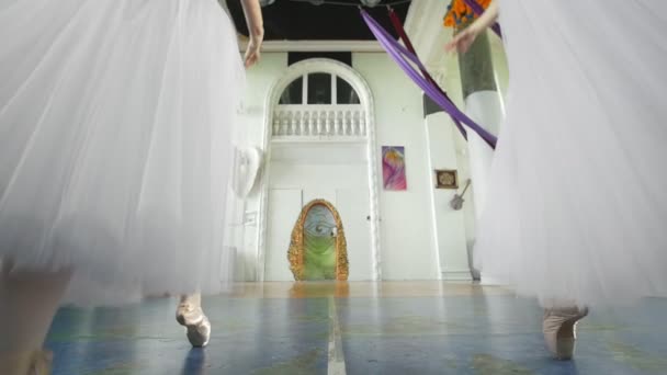 Twee aantrekkelijke ballerina's uitvoeren synchroon van oefeningen in de ruime en moderne studio - Video