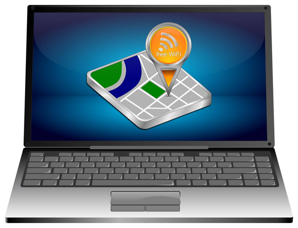 Laptop-Computer mit orangefarbenem Kartenzeiger mit kostenlosem Wifi-Symbol - 3D-Illustration - Foto, Bild