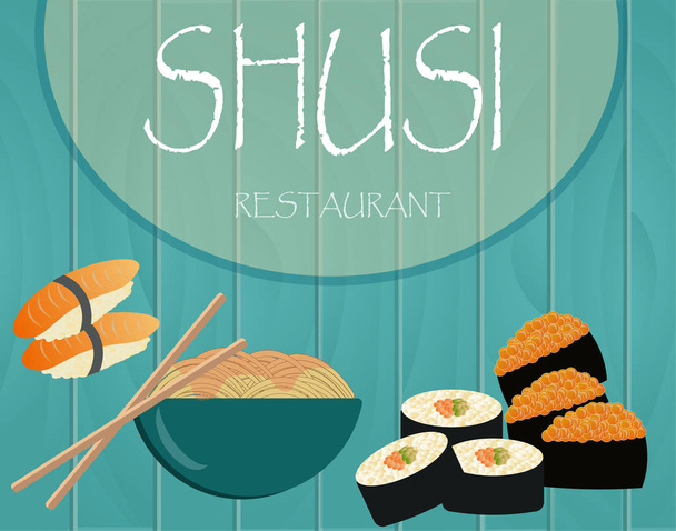vector pictures with national food of Japan with sushi with fish - Vector, Image