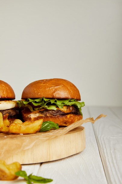 Крупный план заманчивой закусочной быстрого питания с гамбургерами и картошкой
 - Фото, изображение
