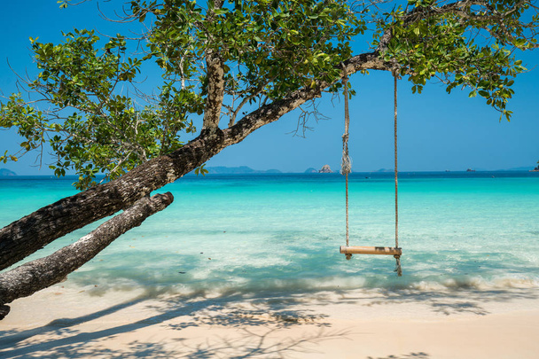 Schaukel hängen an großen Baum über Strand Meereshintergrund, nyaung oo phee, myanmar - Foto, Bild