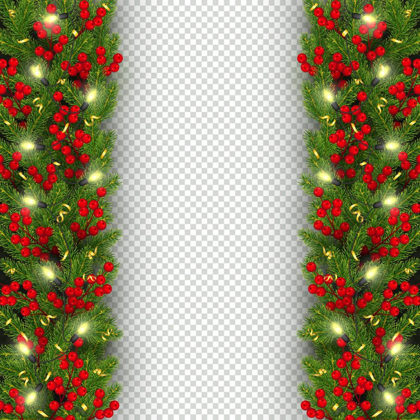 Χριστούγεννα και Πρωτοχρονιά banner πρότυπο ρεαλιστική κλαδιά του Χριστουγεννιάτικου δέντρου, γιρλάντα με λαμπερό lightbulbs, holly μούρα, σερπεντίνη εορταστική φόντο εικονογράφηση διάνυσμα - Διάνυσμα, εικόνα