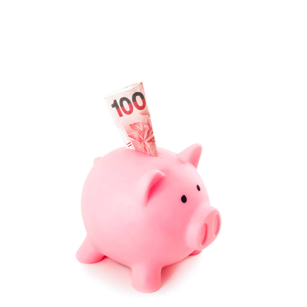 vaaleanpunainen säästöpossu sadalla setelillä
 - Valokuva, kuva