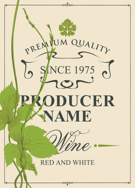 Etiqueta vectorial para vino tinto y blanco con hojas de vid verde, vid e inscripción caligráfica en estilo retro
 - Vector, Imagen