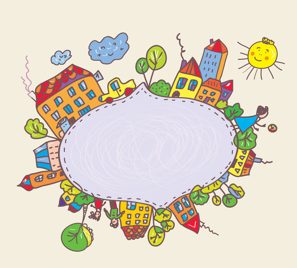 Frame for kids with town and children - Vector, imagen