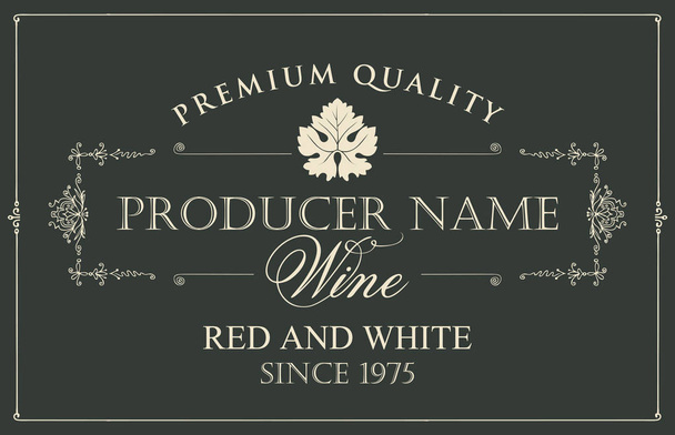 Vektoriviinin etiketti, jossa viininlehti ja kalligrafiset merkinnät retro-tyyliin mustalla pohjalla
 - Vektori, kuva