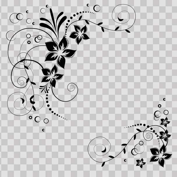 Flower corner in vector. Black flowers on transparent background. Flowery invitation card. Background with floral elements. - Вектор, зображення