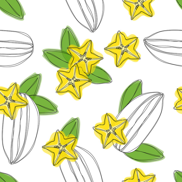 Carambola fruit sliced seamless pattern. Stylized colorful star fruit. Hand draw illustration. - Photo, Image