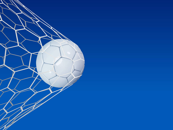 Soccer or Football 3d Ball on blue sky background. Football game match goal moment with realistic ball in the net and place for text - Vecteur, image