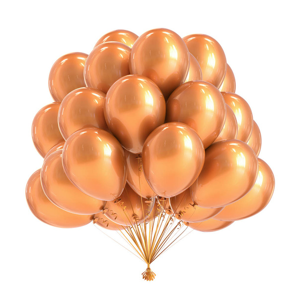 Party balloons golden. Birthday decoration luxury, Helium balloon bunch yellow glossy. Holiday, anniversary, celebration symbol. 3d illustration - Φωτογραφία, εικόνα