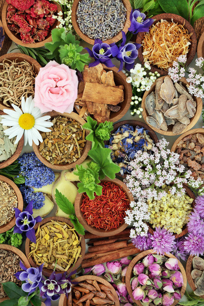 Antecedentes de hierbas medicinales con flores y hierbas utilizadas en remedios naturales alternativos y homeopáticos. Vista superior
. - Foto, Imagen