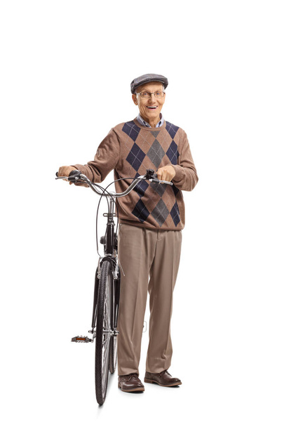 Portrait complet d'un aîné avec un vélo isolé sur fond blanc
 - Photo, image