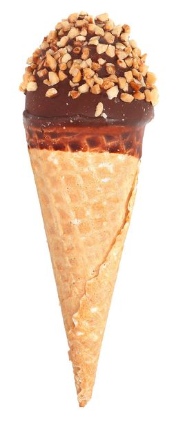 La glace au glaçage au chocolat dans un cône de gaufre croustillant
 - Photo, image