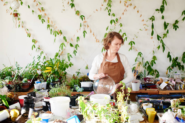 female florist holding round shaped glass mini terrarium and choosing plants  - Foto, Bild