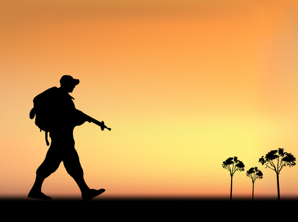 silhouet van een leger soldaat wandelen - Vector, afbeelding