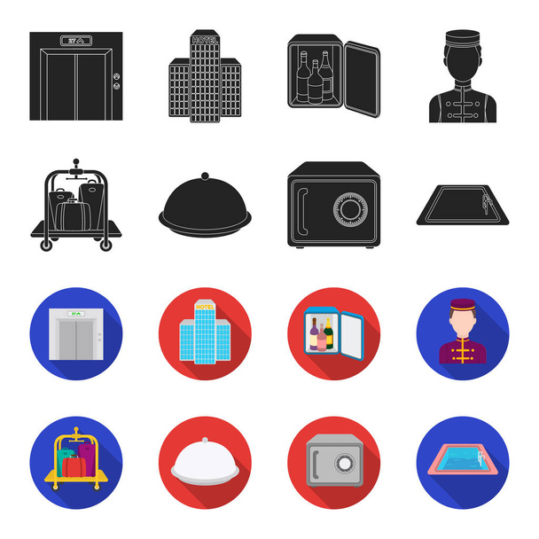 Trolley with luggage, safe, swimming pool, clutch.Hotel set collection icons in black,flet style vector symbol stock illustration web. - Vector, Image