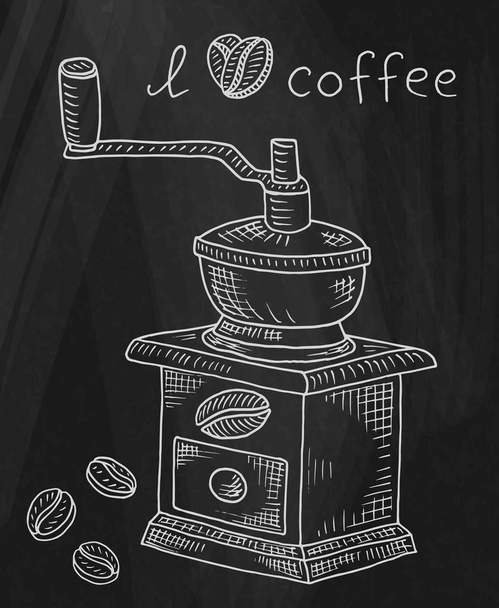 Piękna ilustracja młynek do kawy z fasolą na tle tablica - Wektor, obraz