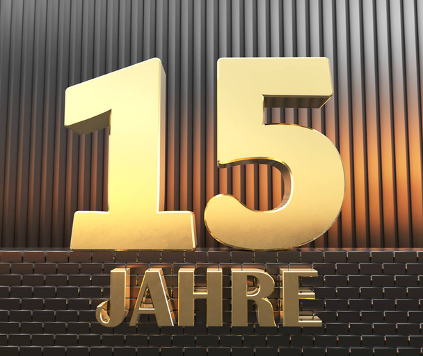 Golden number fifteen (number 15) and the word "years" against the background of metal rectangular parallelepipeds in the rays of sunset.  Translated from the German - years. 3D illustration. - Photo, Image