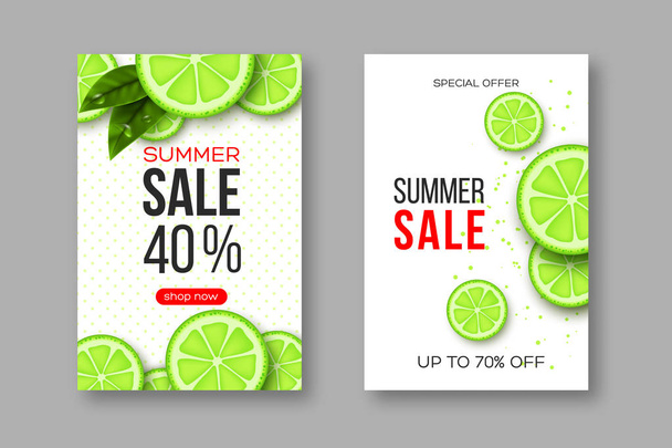 Summer sale banners with sliced lime pieces, leaves and dotted pattern. White background - template for seasonal discounts, vector illustration. - Vector, imagen