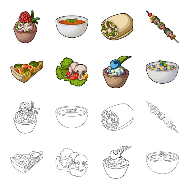 Piece of vegetarian pizza with tomatoes, lettuce leaves with mushrooms, blueberry cake, vegetarian soup with greens. Vegetarian dishes set collection icons in cartoon,outline style vector symbol stock - Vektor, obrázek