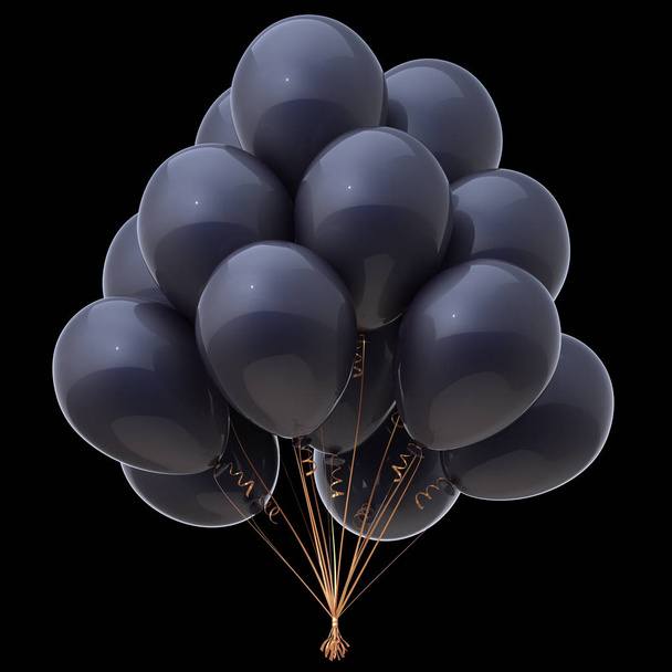 black helium balloons bunch isolated on black background. event, birthday party, celebrate anniversary decoration. 3d rendering illustration - Φωτογραφία, εικόνα