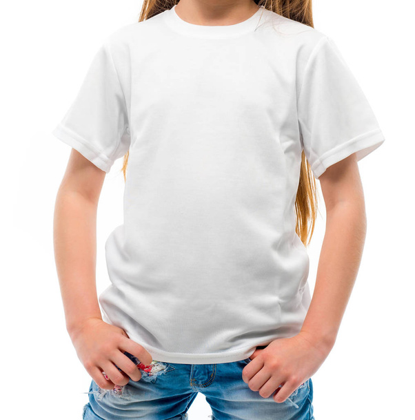 girl in white T-shirt on white background - Фото, изображение