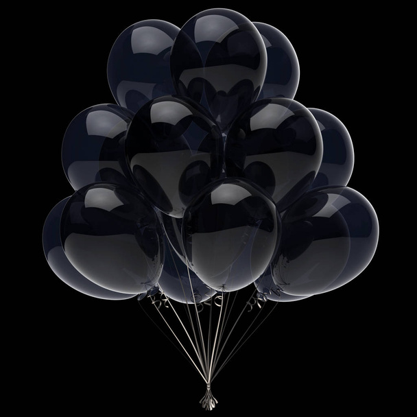 Black party helium balloons isolated on black background. 3D illustration - Φωτογραφία, εικόνα