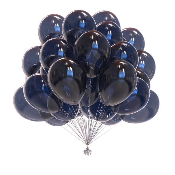 black balloon bunch translucent. birthday party decoration dark glossy. helium balloons classic. holiday, anniversary, carnival celebration symbol. 3D illustration - Foto, immagini