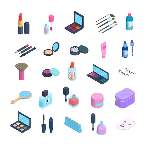 Vector isometric makeup elements set. 3d dimension icons of cosmetics and skincare. Eyshadow, blush pallete, face powder, cushion foundation cosmetics - Vektori, kuva