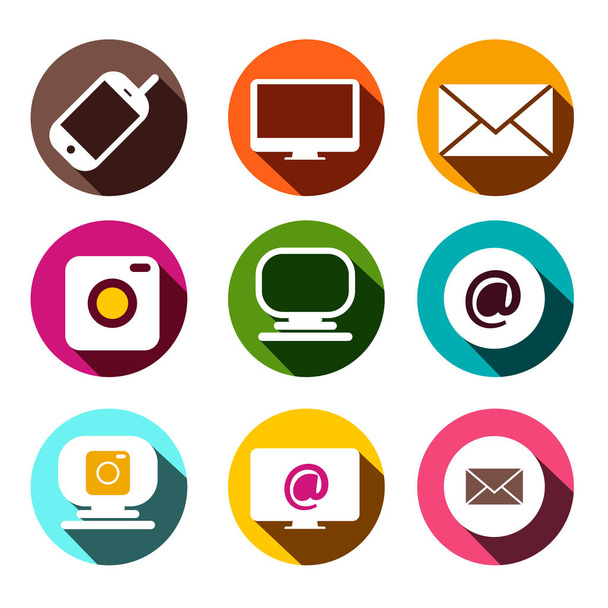 Computer, Cellphone Camera, At - Email and Camera Icons. Vector Flat Design Technology Items App Symbols Set in Colorful Circles. - Vector, Image