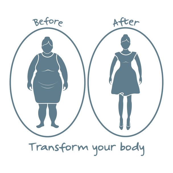 Şişman kadın ve düzgün kadın. Vücudunuzun dönüştürmek. Spor ve doğru beslenme ile fazla kilo ve obezite. - Vektör, Görsel