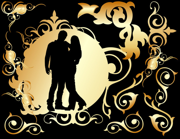 Two lovers in a golden frame - Вектор,изображение