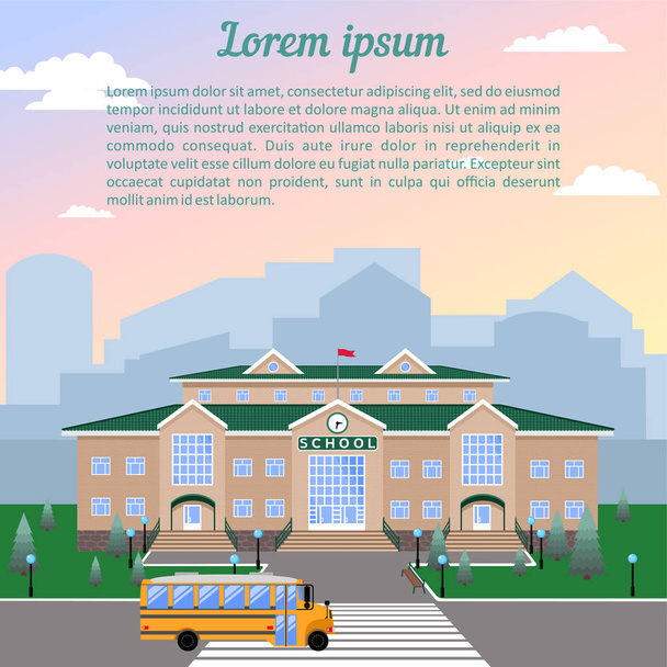 school, classic light beige brick building with green roof, clock, flag, lawn and school bus.Against the city and sky.The image of a square format with sample text - Vector, Image