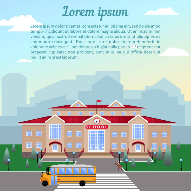 school, classic light beige brick building with red roof, clock, flag, lawn and school bus.Against the city and sky.The image of a square format with sample text - Vector, Image